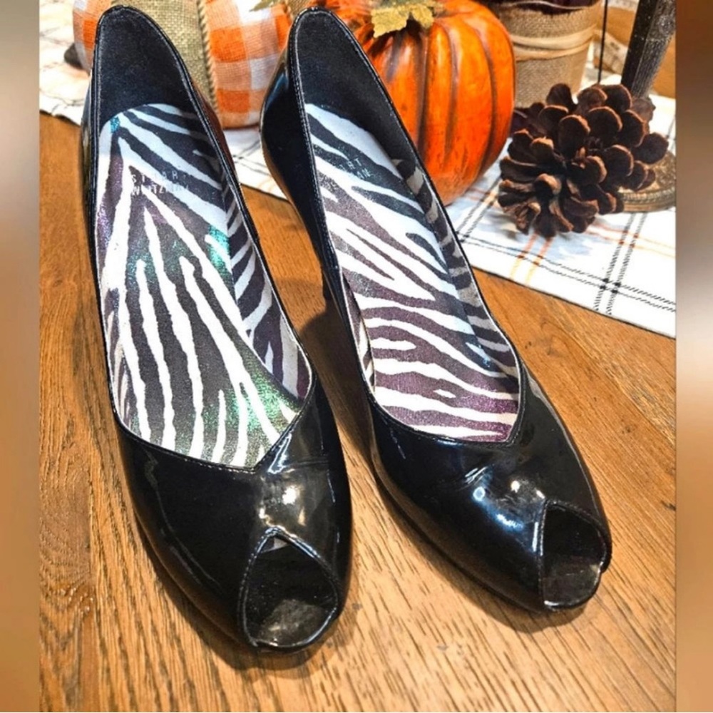 Stuart Weitzman Glossy Black Peep-Toe Heels